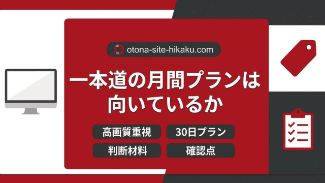 パソコン、タグ、チェックリストのアイコンが配置された、一本道の月間プランを解説するアイキャッチ。文字内容：「otona-site-hikaku.com 一本道の月間プランは向いているか 高画質重視 30日プラン 判断材料 確認点」。