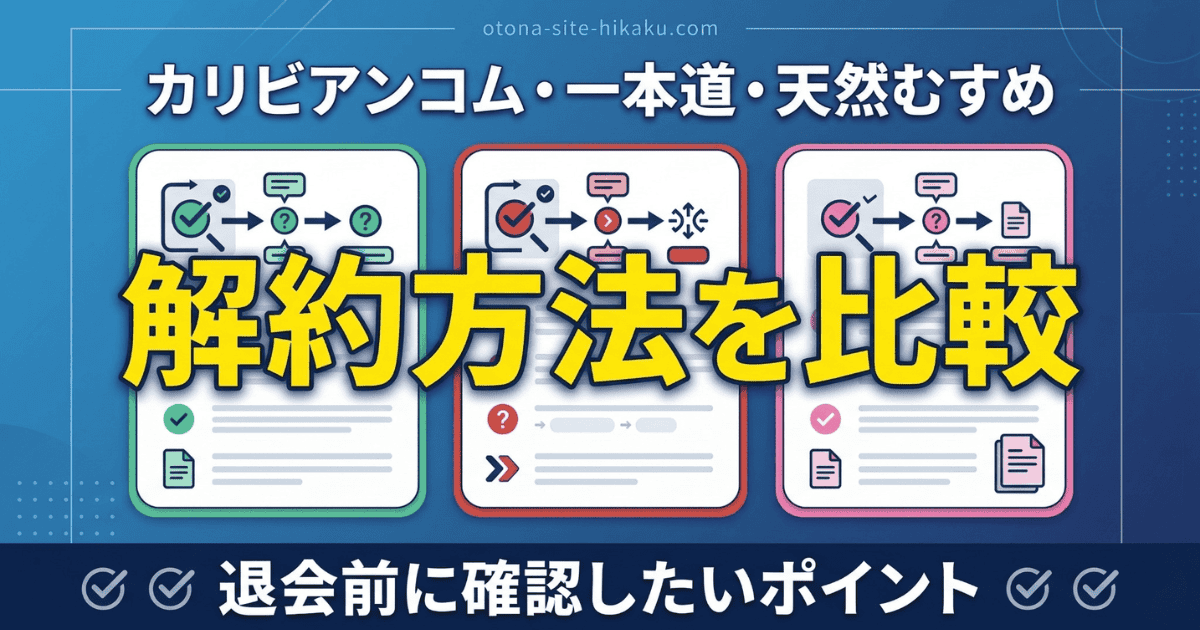 カリビアンコム、一本道、天然むすめの3つのアダルト動画サイトの解約方法を比較するバナー。