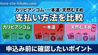 カリビアンコム、一本道、天然むすめの3つのアダルト動画サイトの支払い方法を比較するバナー。