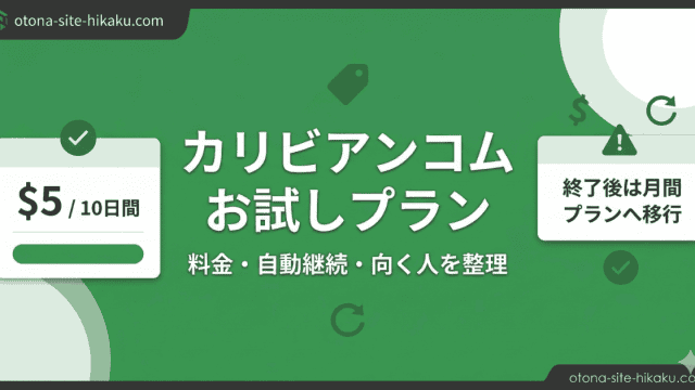 カリビアンコムのお試しプランについて料金や自動継続などの詳細を解説したアイキャッチ画像