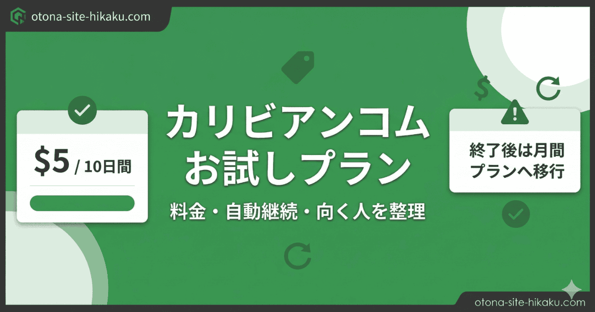カリビアンコムのお試しプランについて料金や自動継続などの詳細を解説したアイキャッチ画像