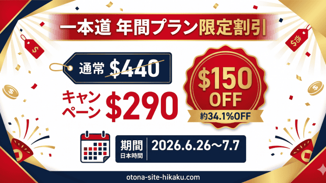 「一本道 年間プラン限定割引キャンペーン」と書かれた高級感のあるゴールド、ネイビー、レッドを基調とした告知画像