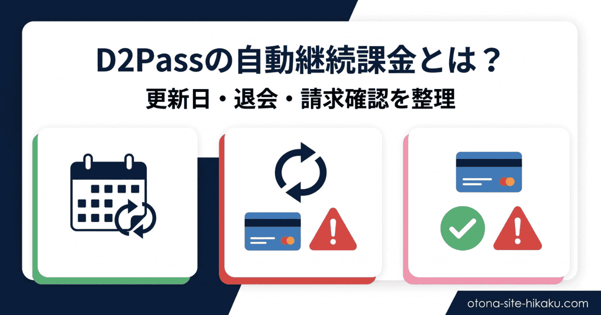 D2Passの自動継続課金について、更新日・退会・請求確認のポイントを解説するバナー画像