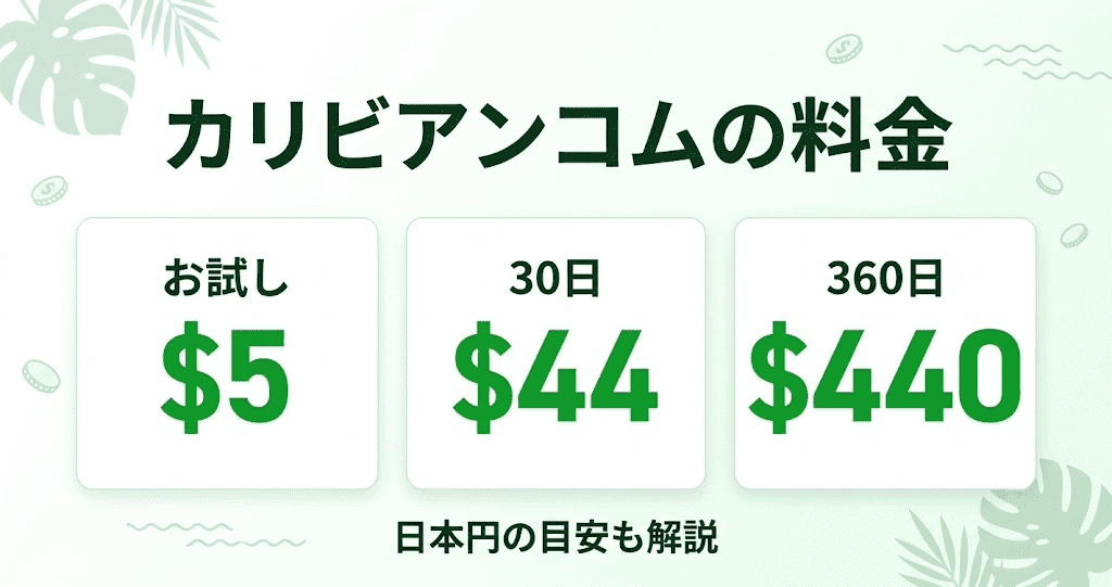 カリビアンコムの料金プランを説明する、清潔な緑色を基調としたバナー画像