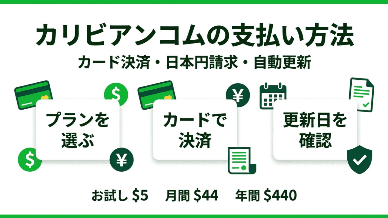 カリビアンコムの支払い方法と料金を説明するインフォグラフィック