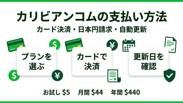カリビアンコムの支払い方法と料金を説明するインフォグラフィック